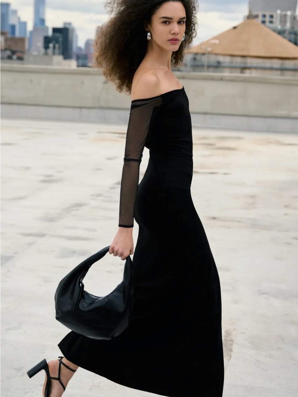 Off-Shoulder Black Long-Sleeve Maxi Dress by